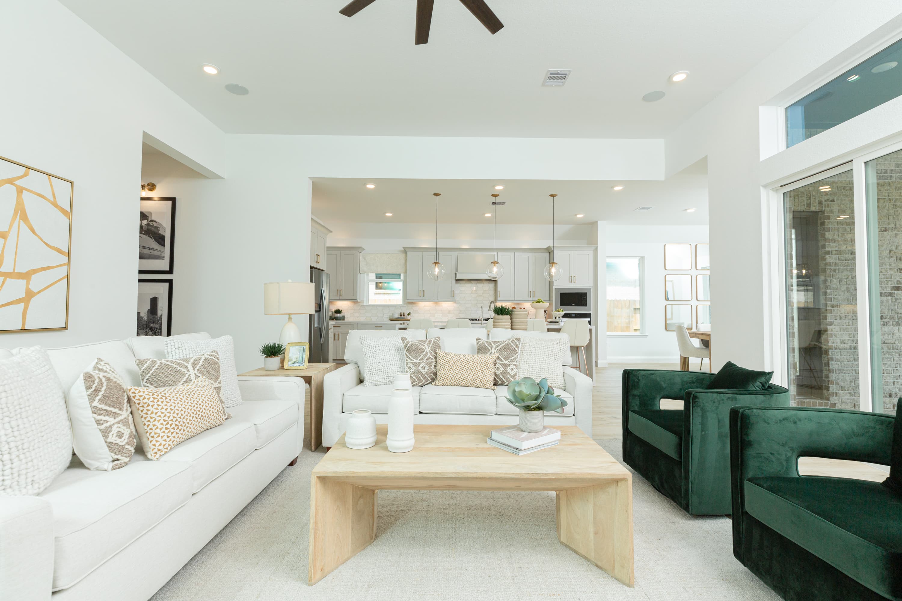 coffee table at great room with kitchen view  