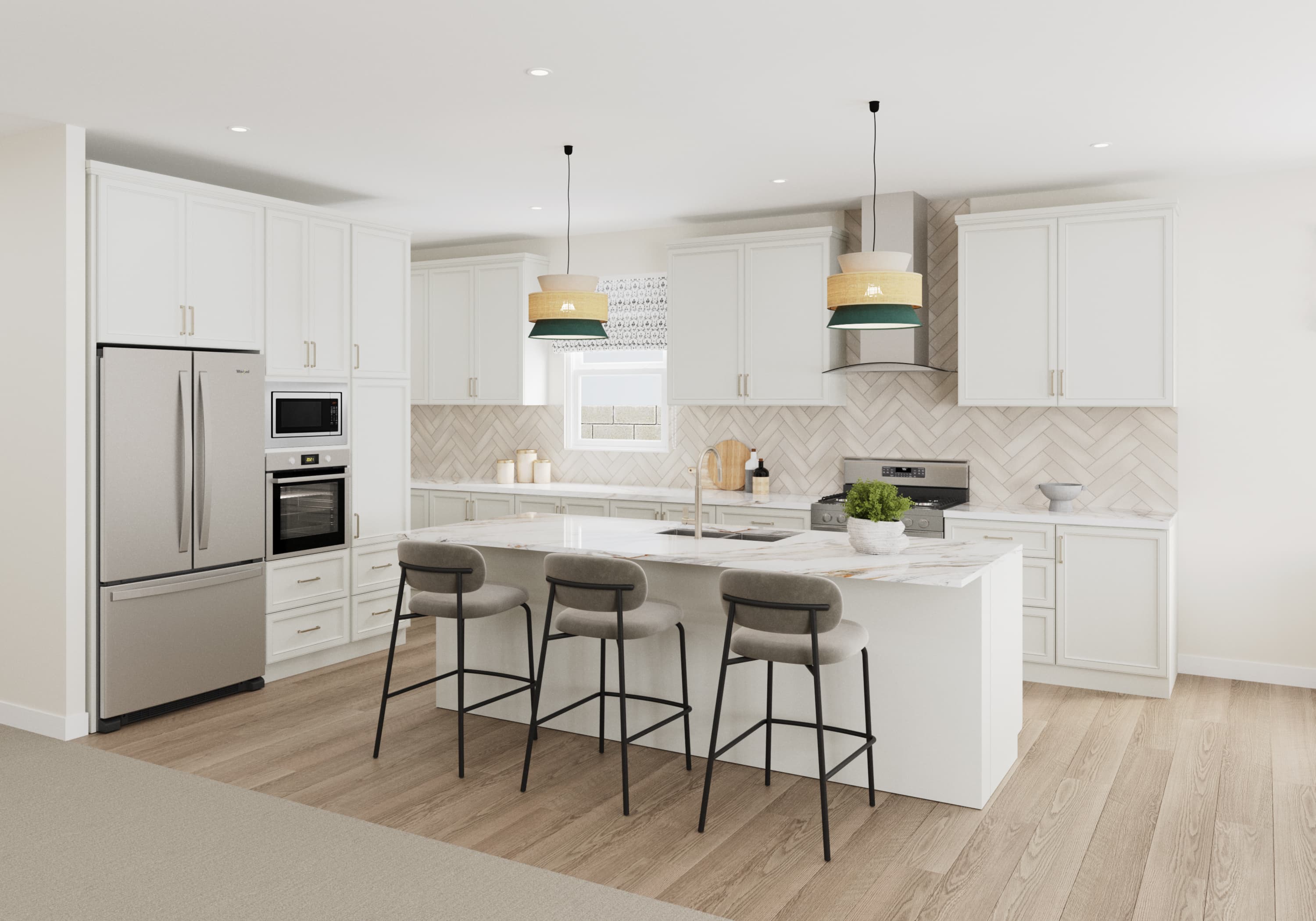 white cabinets with large kitchen island