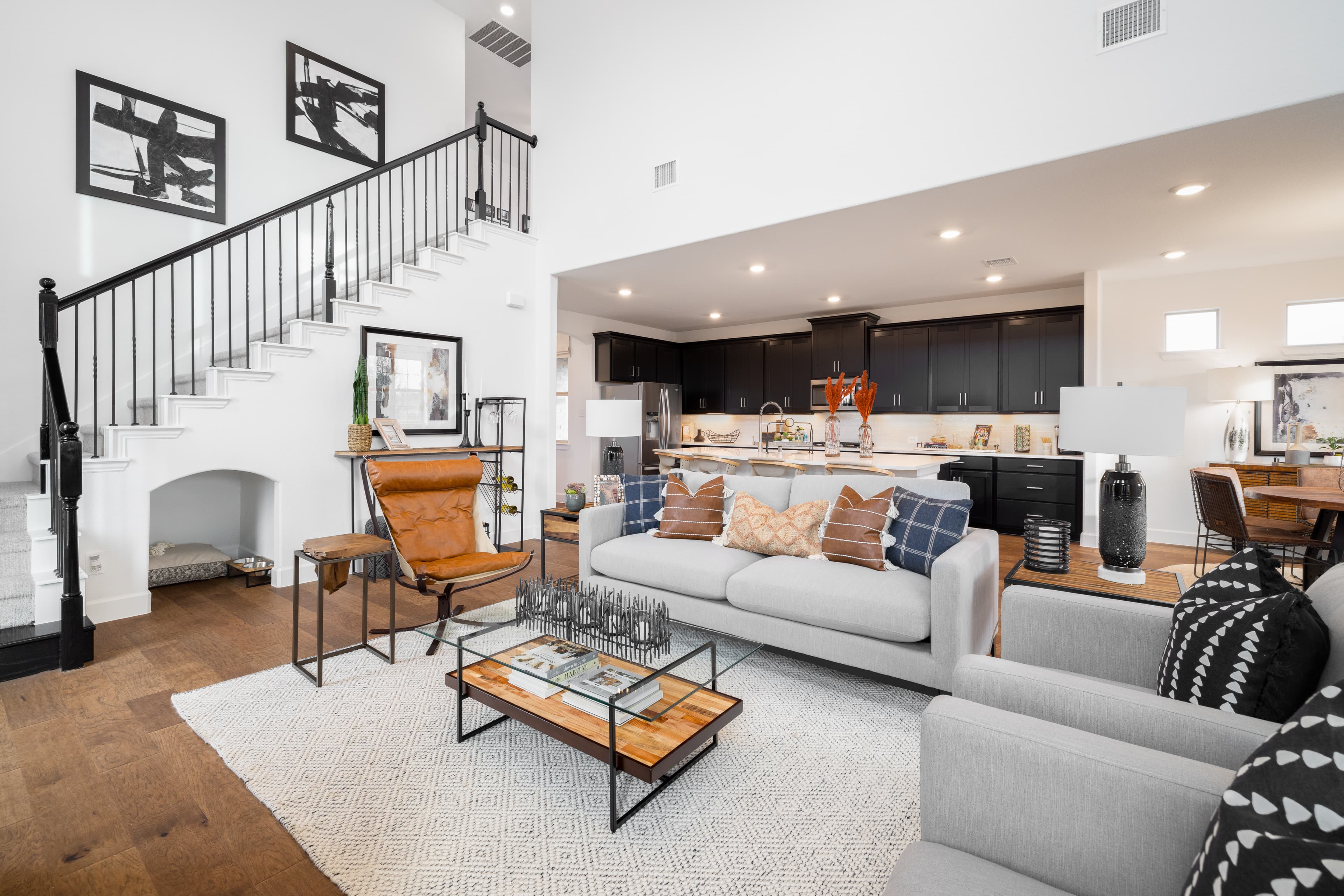 great room with two-story ceiling