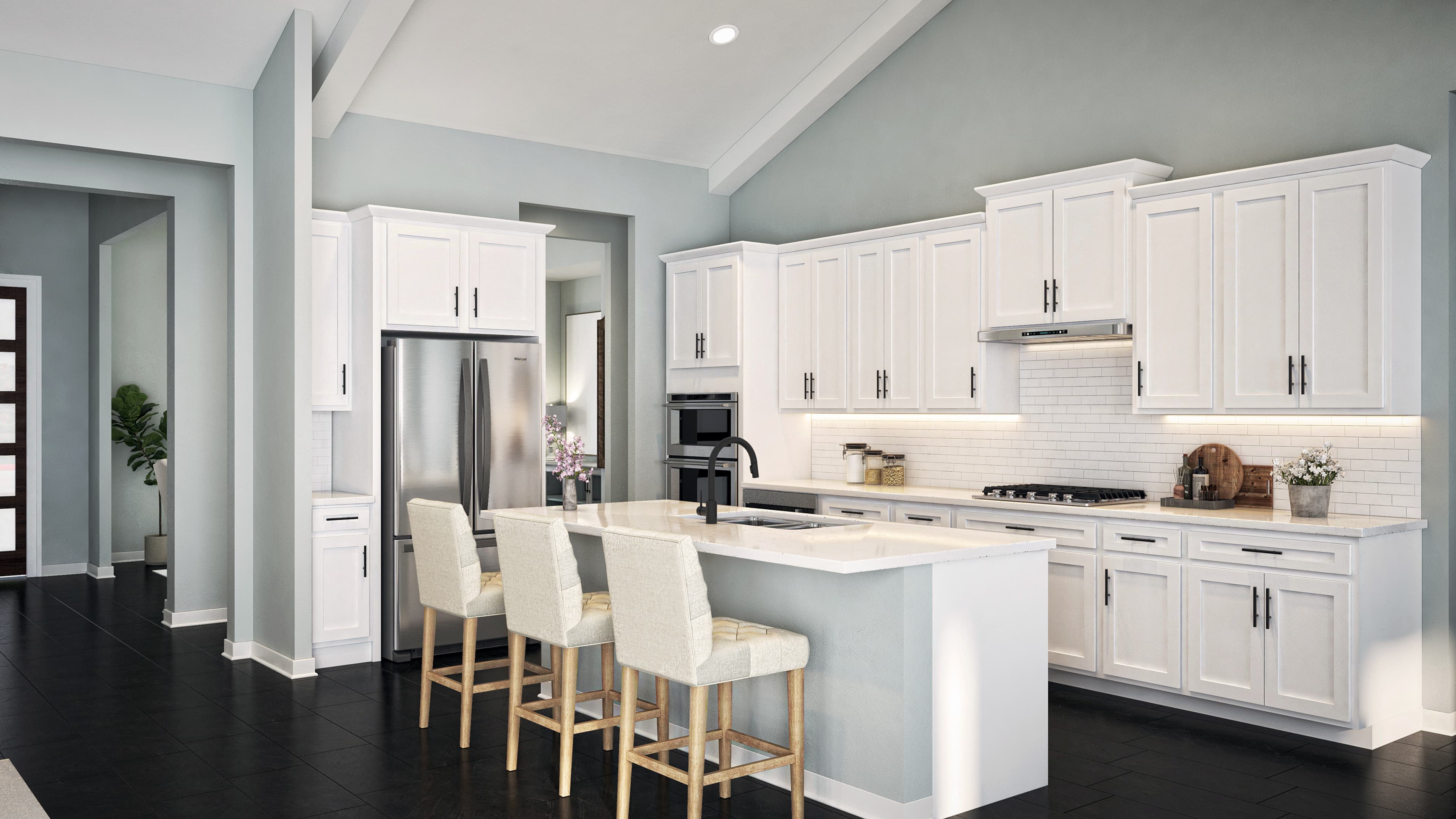 kitchen with white cabinets and countertops