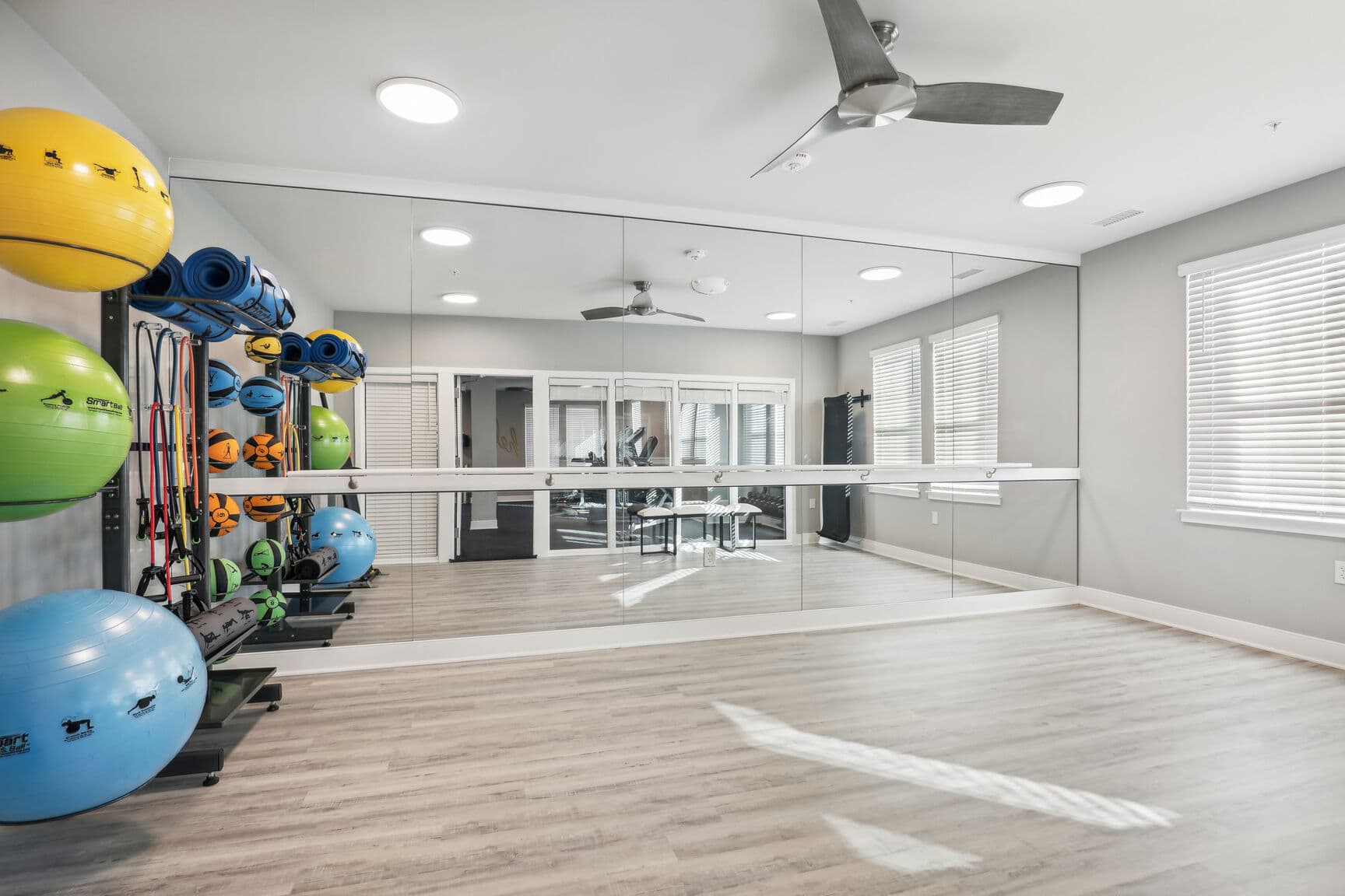 fitness room with exercise equipment & ceiling fan