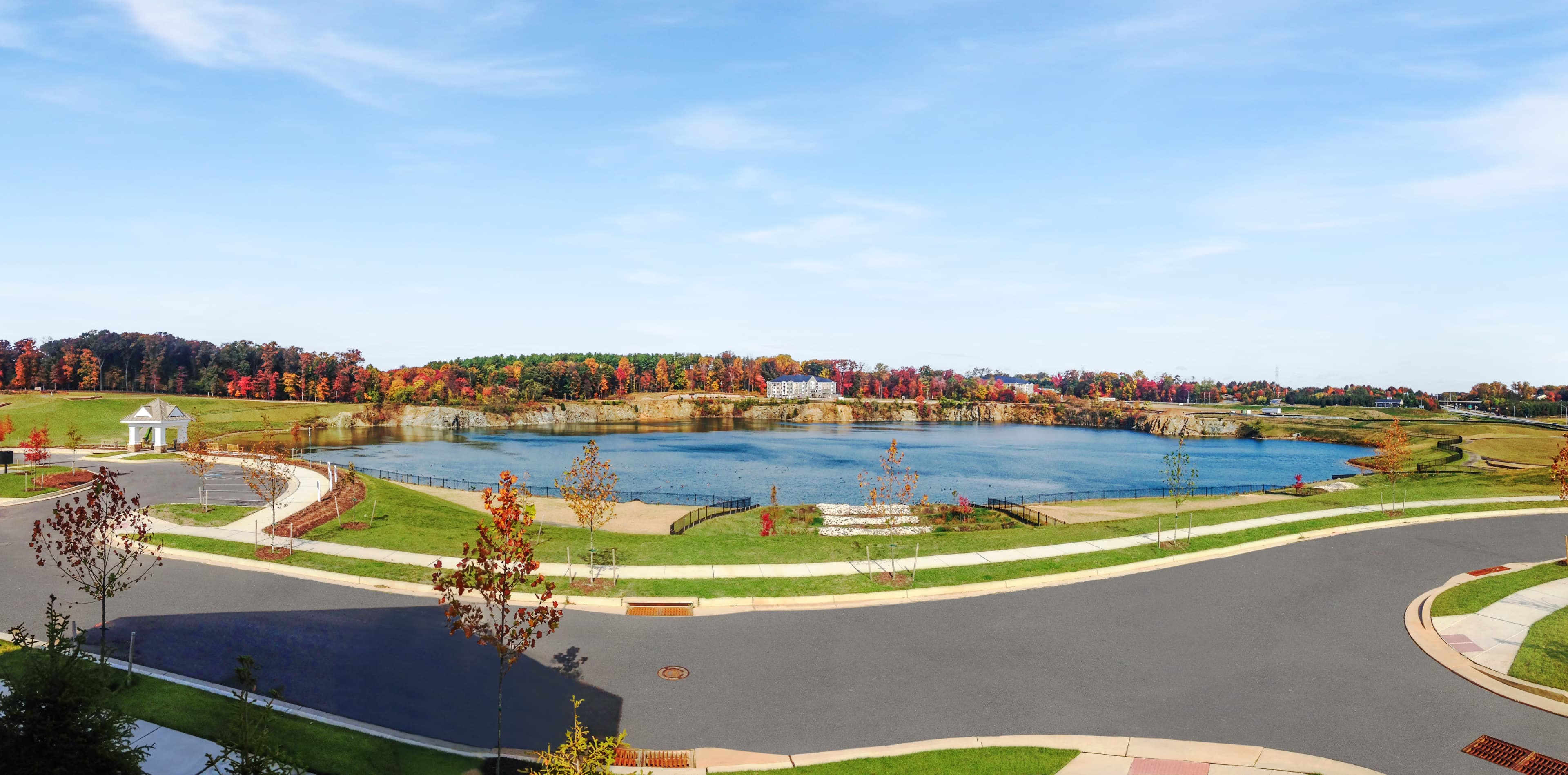 community lake with walking paths