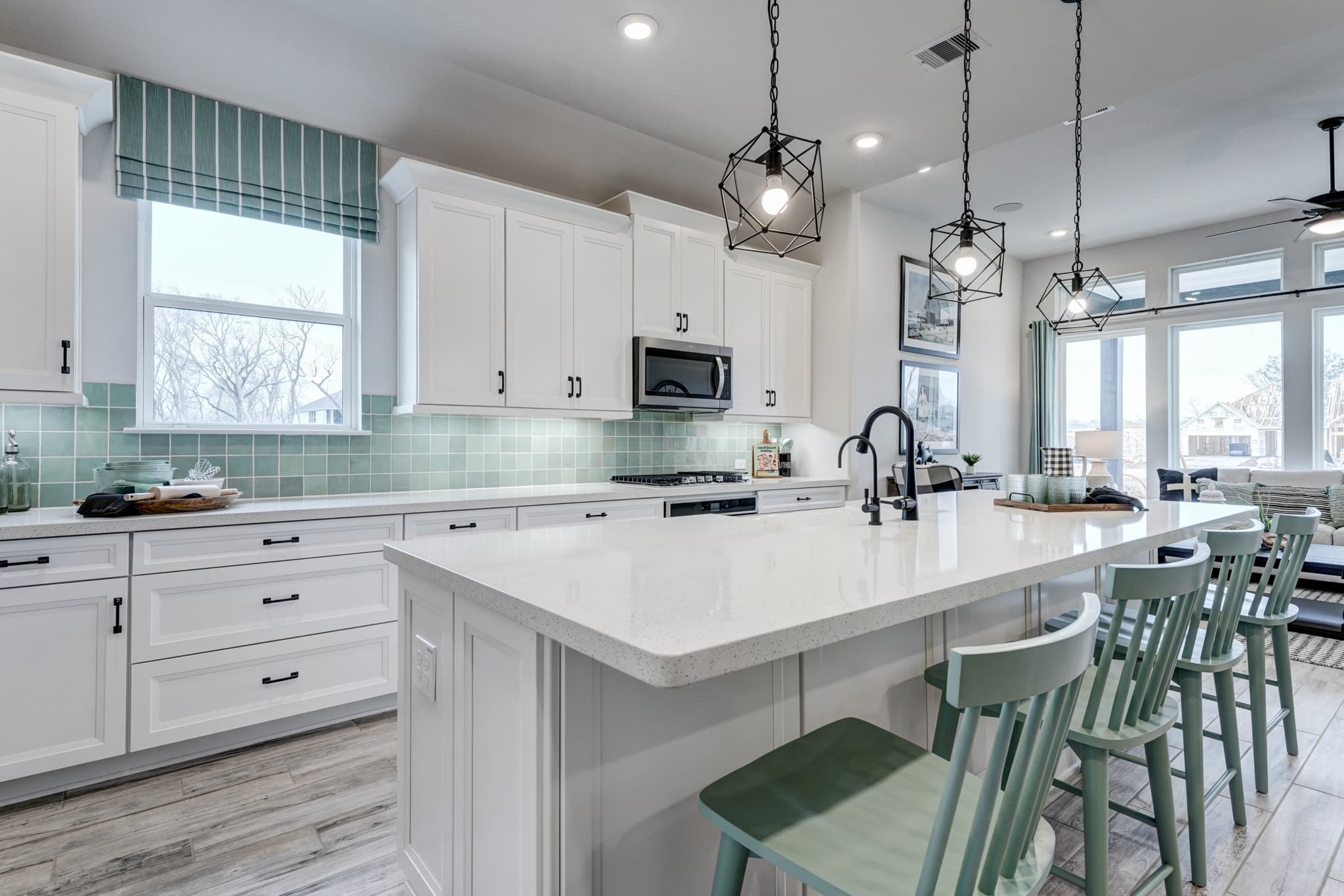 kitchen with black pendant lighting
