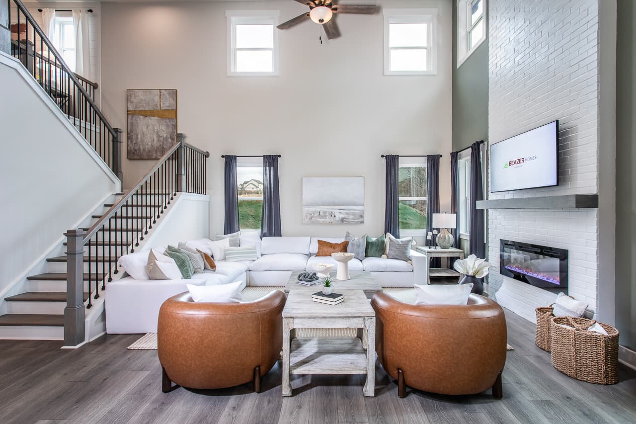 2-story great room with brick, electric fireplace 